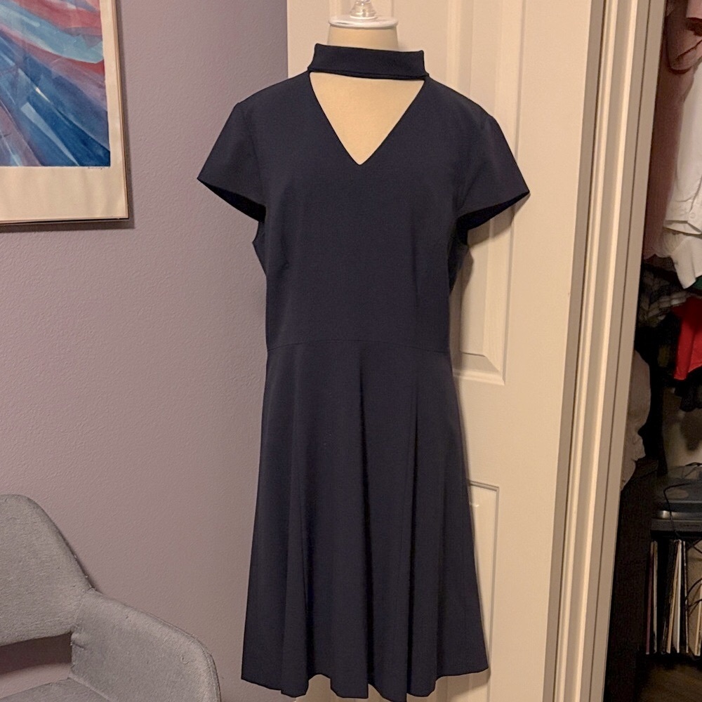 Tahari ASL Navy Midi Dress with Keyhole Neckline